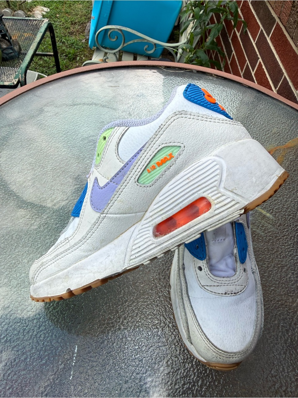 Nike Kids White Sneakers with Lavender, Blue & Neon Green Accents